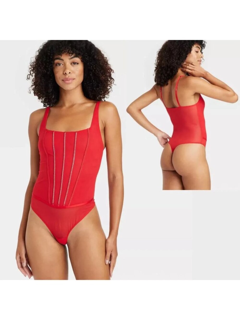 Auden size Medium Rhinestone Lingerie Bodysuit Thong Mesh Bling Red  NEW